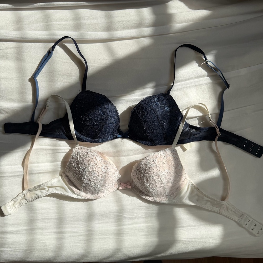 Gilly Hicks Lace Bra Set - Navy and Pink/Cream - Push ‘Em Up Plunge